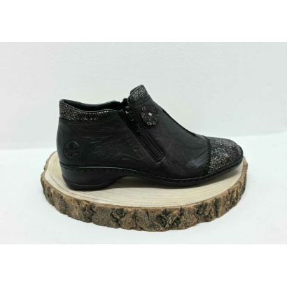 Bottine 2 tirettes noire avec fleurs avec bout point argenté Rieker