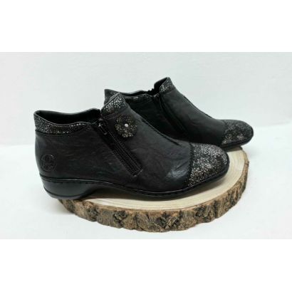 Bottine 2 tirettes noire avec fleurs avec bout point argenté Rieker