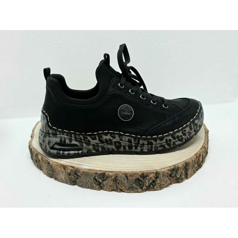 Basket plate à lacets Noir semelle léopard avec bulle d'air Rieker