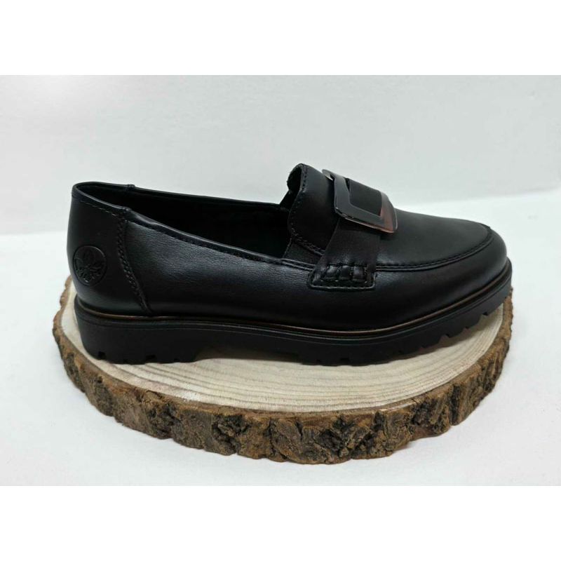 Mocassin Noir plate boucle fantaisie rectangle sur le devant Rieker
