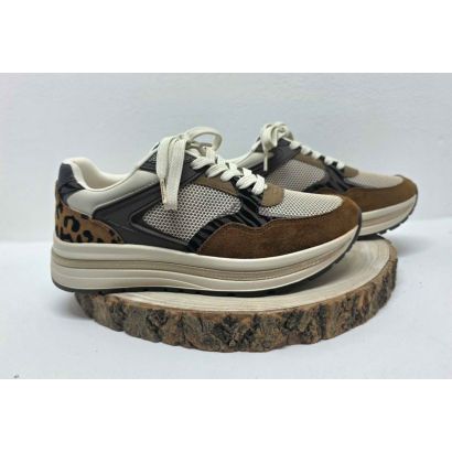 Basket marron et kaki contrefort léopard semelle beige épaisse Tamaris