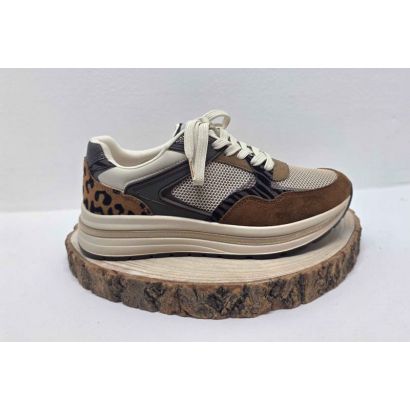 Basket marron et kaki contrefort léopard semelle beige épaisse Tamaris