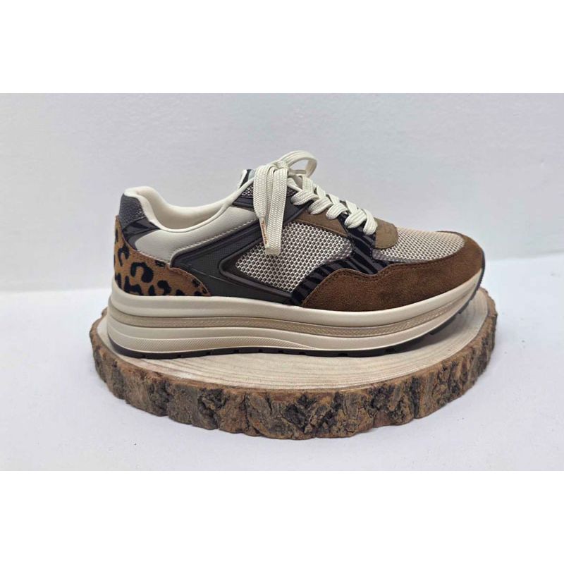 Basket marron et kaki contrefort léopard semelle beige épaisse Tamaris
