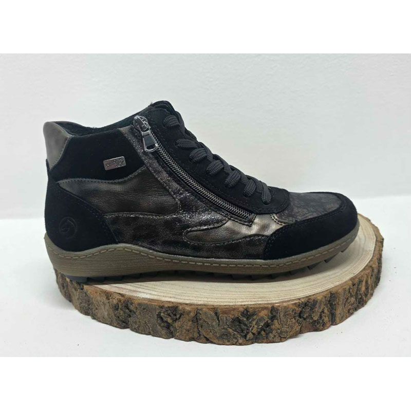 Bottine Noir plate tex à lacets mordoré sur le côté semelle Beige Remonte