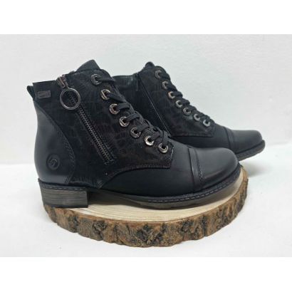 Bottine plate Noir à lacets et zip imprimé sur le côté et zip fantaisie Remonte