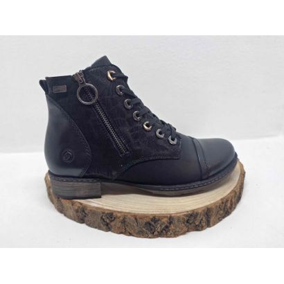 Bottine plate Noir à lacets et zip imprimé sur le côté et zip fantaisie Remonte