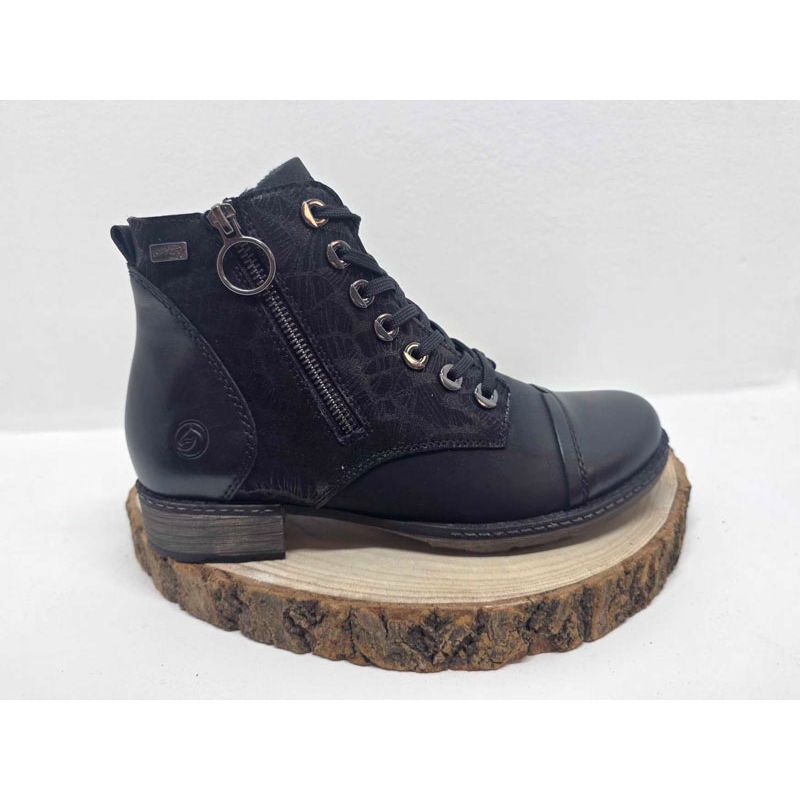 Bottine plate Noir à lacets et zip imprimé sur le côté et zip fantaisie Remonte