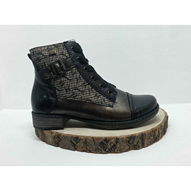 Bottine plate Noir à lacets imprimé Beige sur le côté avec boucle Remonte