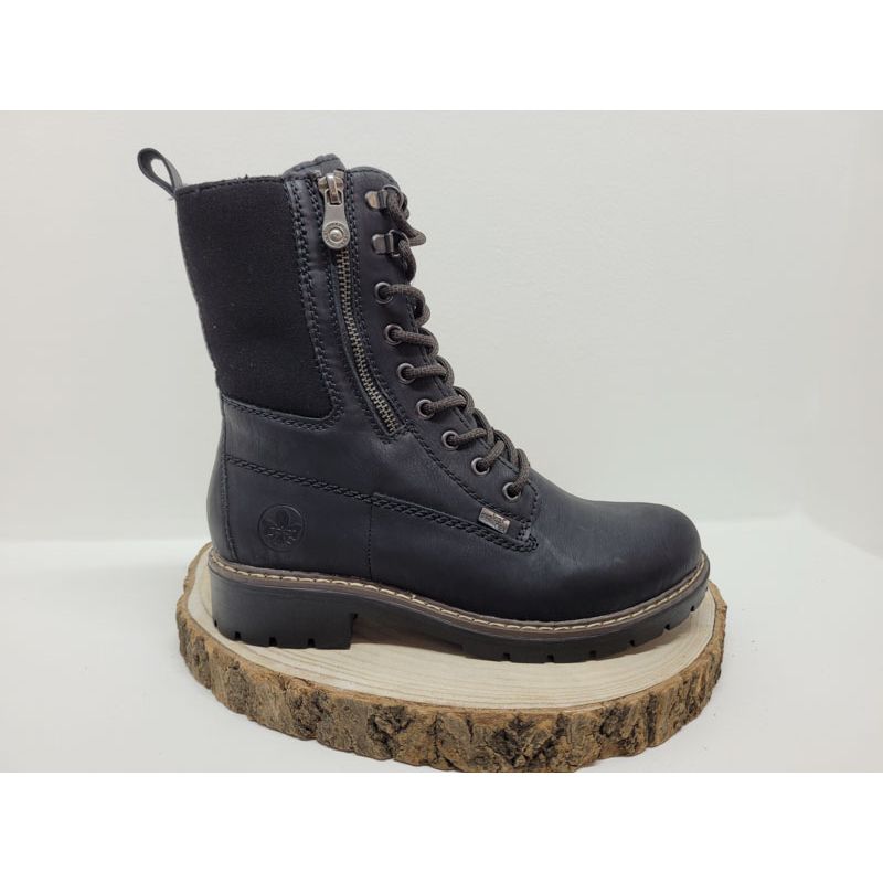 Bottine Noir plate avec zip à lacets avec zip fantaisie sur le côté Rieker