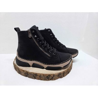 Bottine Noir à lacets avec zip semelle blanche et Noir Rieker