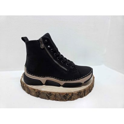 Bottine Noir à lacets avec zip semelle blanche et Noir Rieker