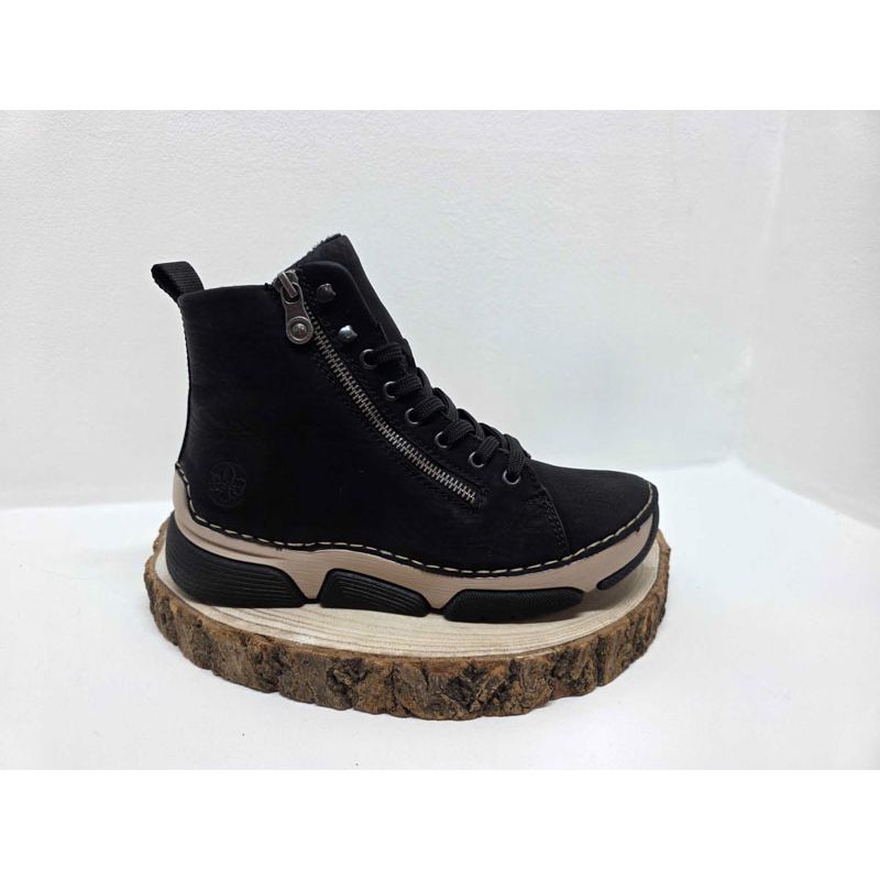 Bottine Noir à lacets avec zip semelle blanche et Noir Rieker