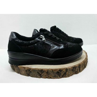 Basketnoir compensé stretch avec fleurs Longo