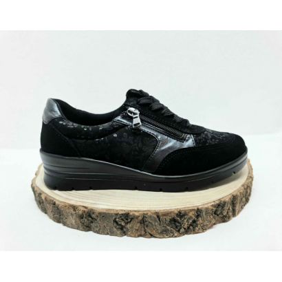 Basketnoir compensé stretch avec fleurs Longo