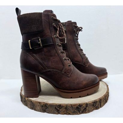 Bottine camel talon haut à lacets et zip avec boucle carrée sur le côté Marco Tozzi 