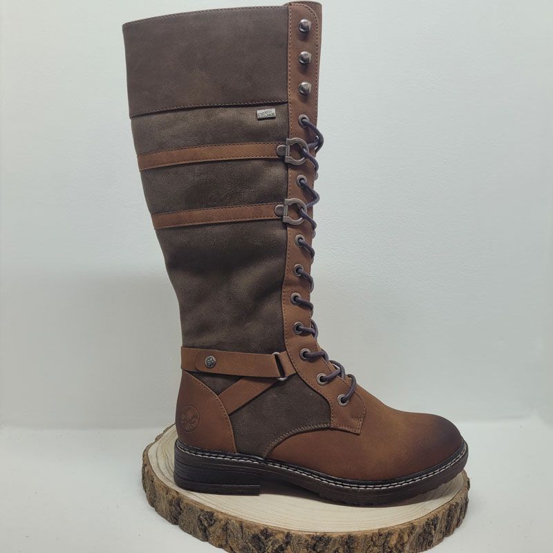 Botte camel plate à lacets col tissus tex lanière fantasie sur le côté Rieker