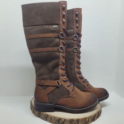 Botte camel plate à lacets col tissus tex lanière fantasie sur le côté Rieker