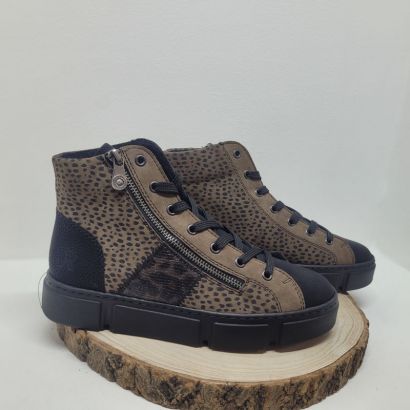 Bottine plate Noir et taupe à lacets avec zip et imprimé sur le côté Rieker