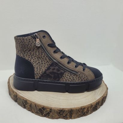 Bottine plate Noir et taupe à lacets avec zip et imprimé sur le côté Rieker