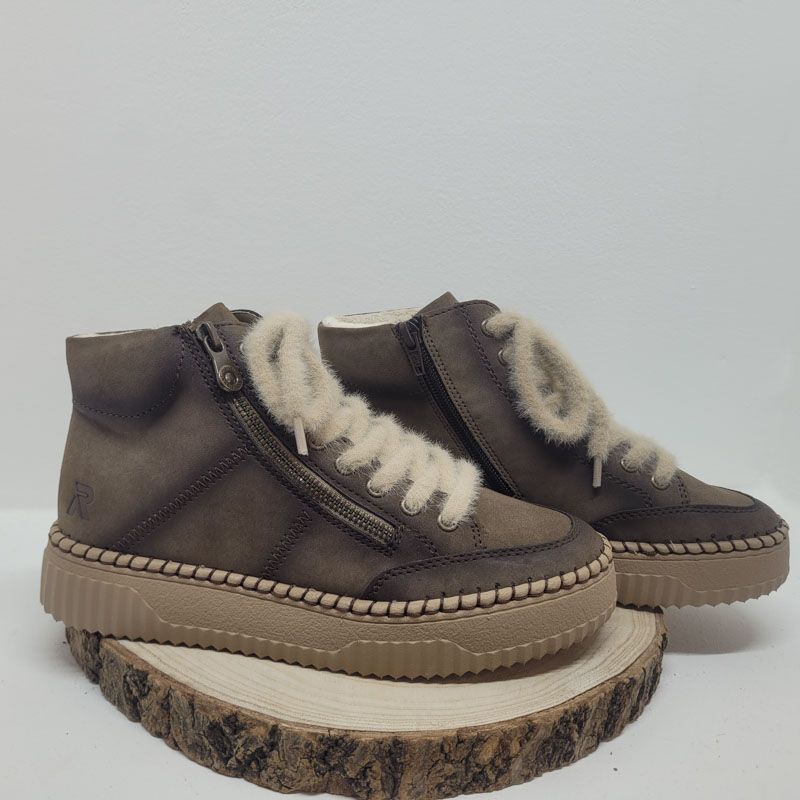 Bottine plate taupe avec zip lacets Beige semelle Beige surpiqures Noir Rieker