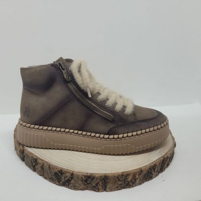 Bottine plate taupe avec zip lacets Beige semelle Beige surpiqures Noir Rieker