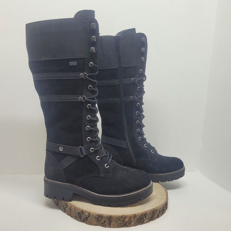 Botte Noir plate tex à lacets et zip col feutrine Gris lanière fantasie sur le côté Rieker
