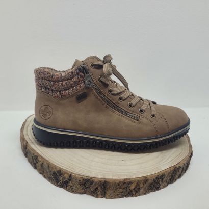 Bottine plate taupe à lacets et zip semelle Noir liseré Beige col trico multi Rieker