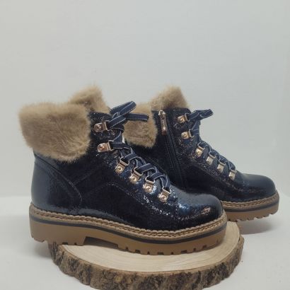 Bottine à lacets marine croco col fourrure beige Tamaris 