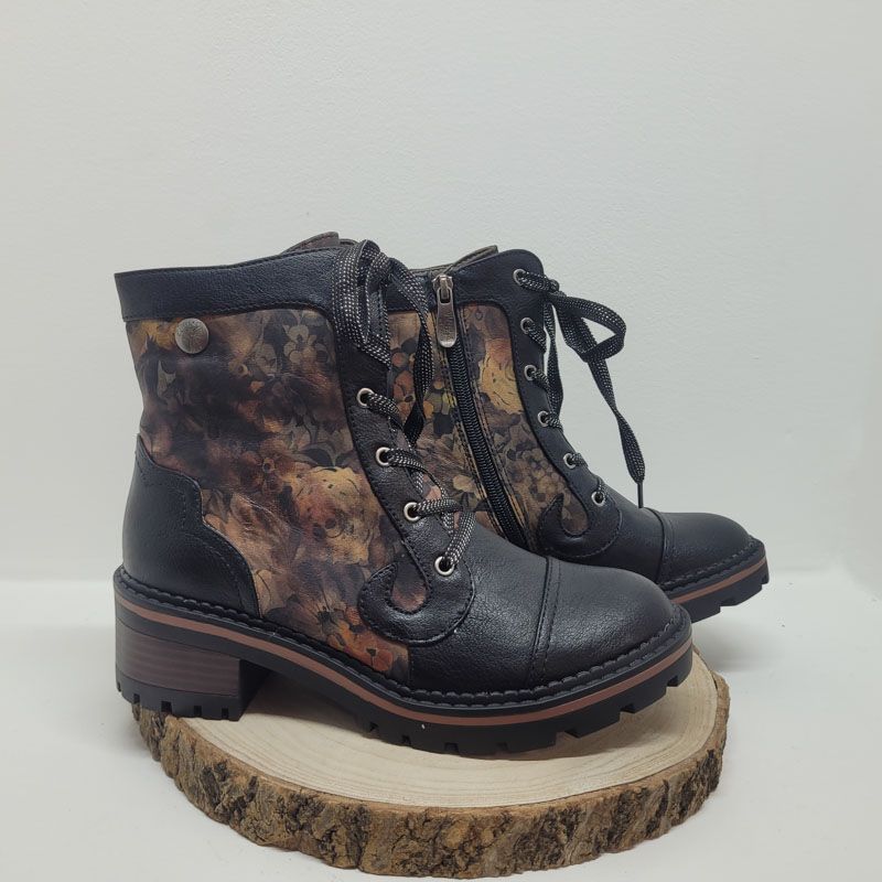 Bottine noir à lacets avec fleurs jaune Laura Vita 