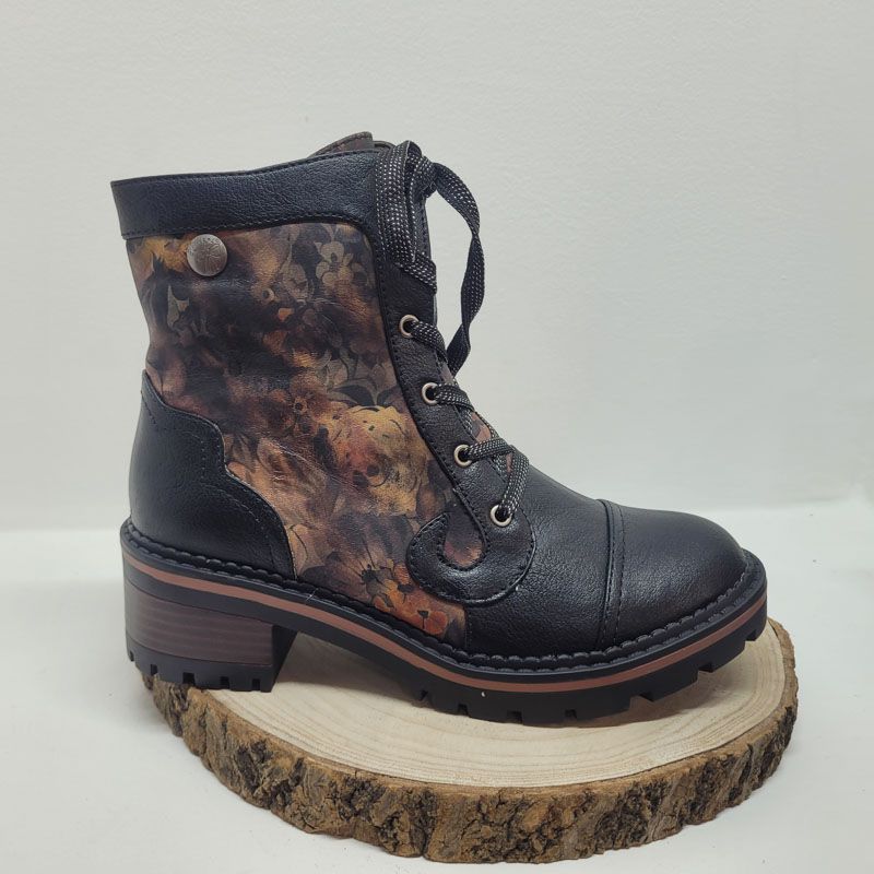 Bottine noir à lacets avec fleurs jaune Laura Vita 