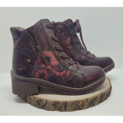 Bottine à talon bordeaux avec zip et fleurs Mustang 