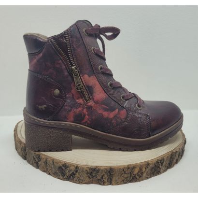 Bottine à talon bordeaux avec zip et fleurs Mustang 