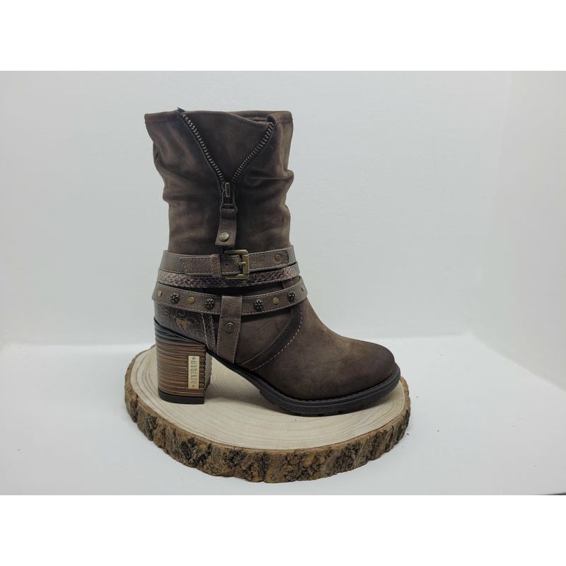 Bottine à talon marron avec zip fantaisie et lanière Mustang 