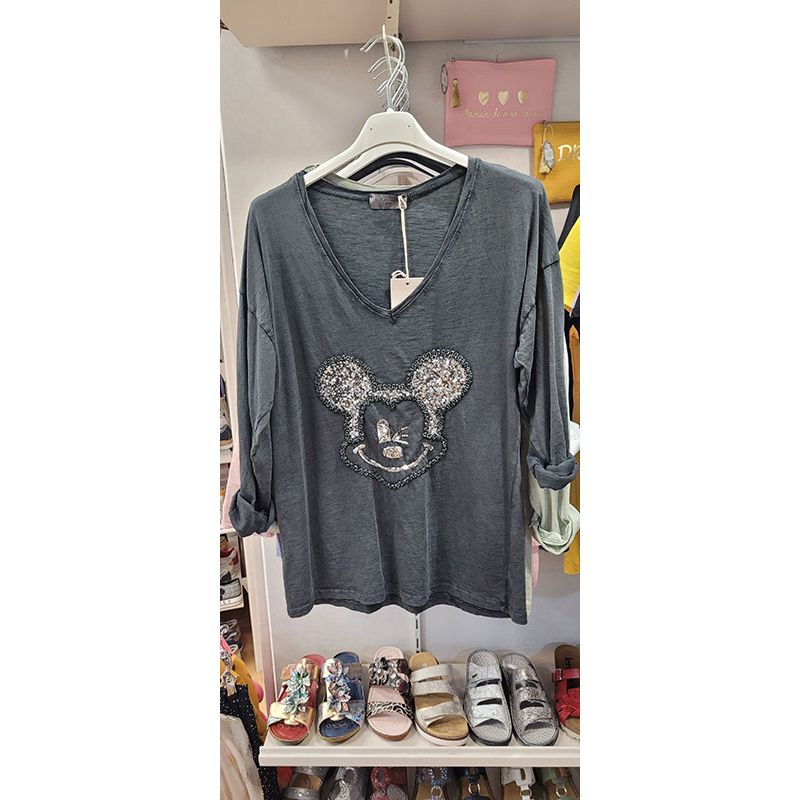 Tee-shirt à manche longue Mickey (noir, kaki et blanc)