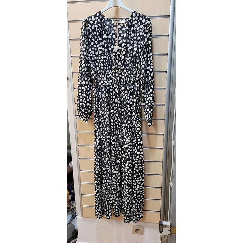 Robe longue noire avec manches motifs point blanc avec taille él