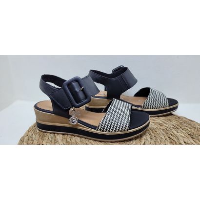 Nu-pied compensé noir avec bride rayé 1 velcro + boucle Remonte
