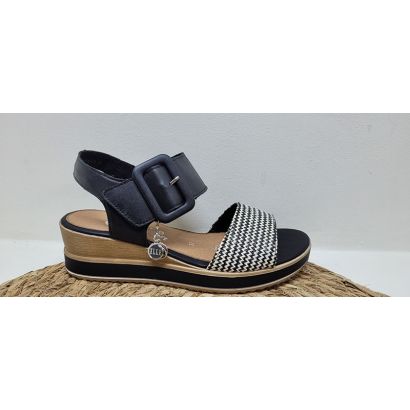 Nu-pied compensé noir avec bride moucheté noir et blanc 1 velcro + boucle Remonte