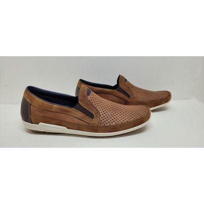 Mocassins camel avec élastiques perforé semelle blanche intérieur bleu marine Rieker