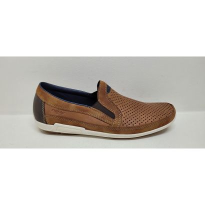 Mocassins camel avec élastiques perforé semelle blanche intérieur bleu marine Rieker