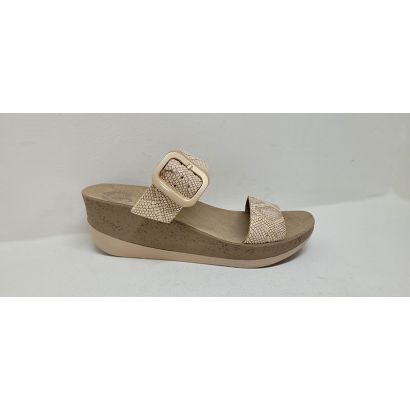Mûle doré/rosé compensée + imprimé et boucle Fantasy Sandals