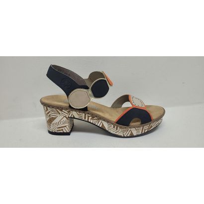 Nu-pied talon décroché 1 velcro avec bride forme ronde noir, beige et orange Rieker